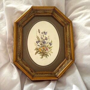 Vintage framed artwork print floral bouquet midcentury oval wood frame decor